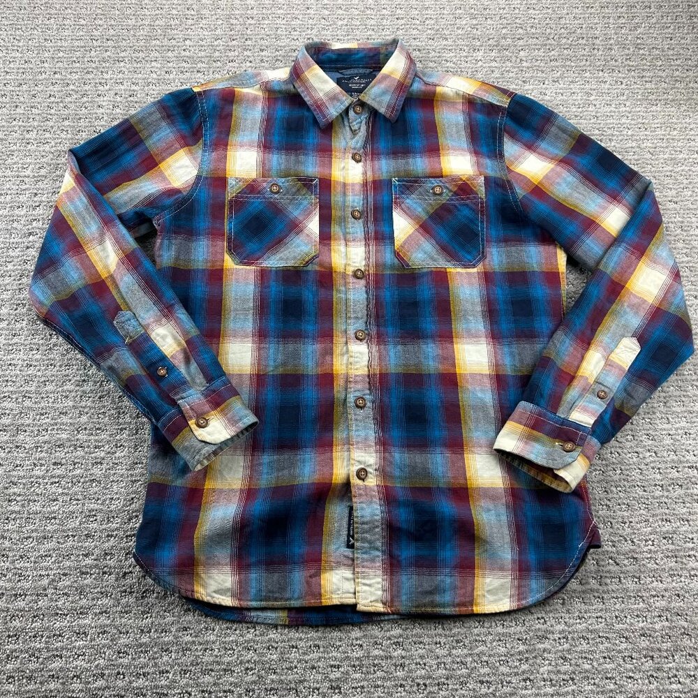 American Eagle Plaid Shirt Men Small S Blue Yellow Burgundy Flannel Button Up
